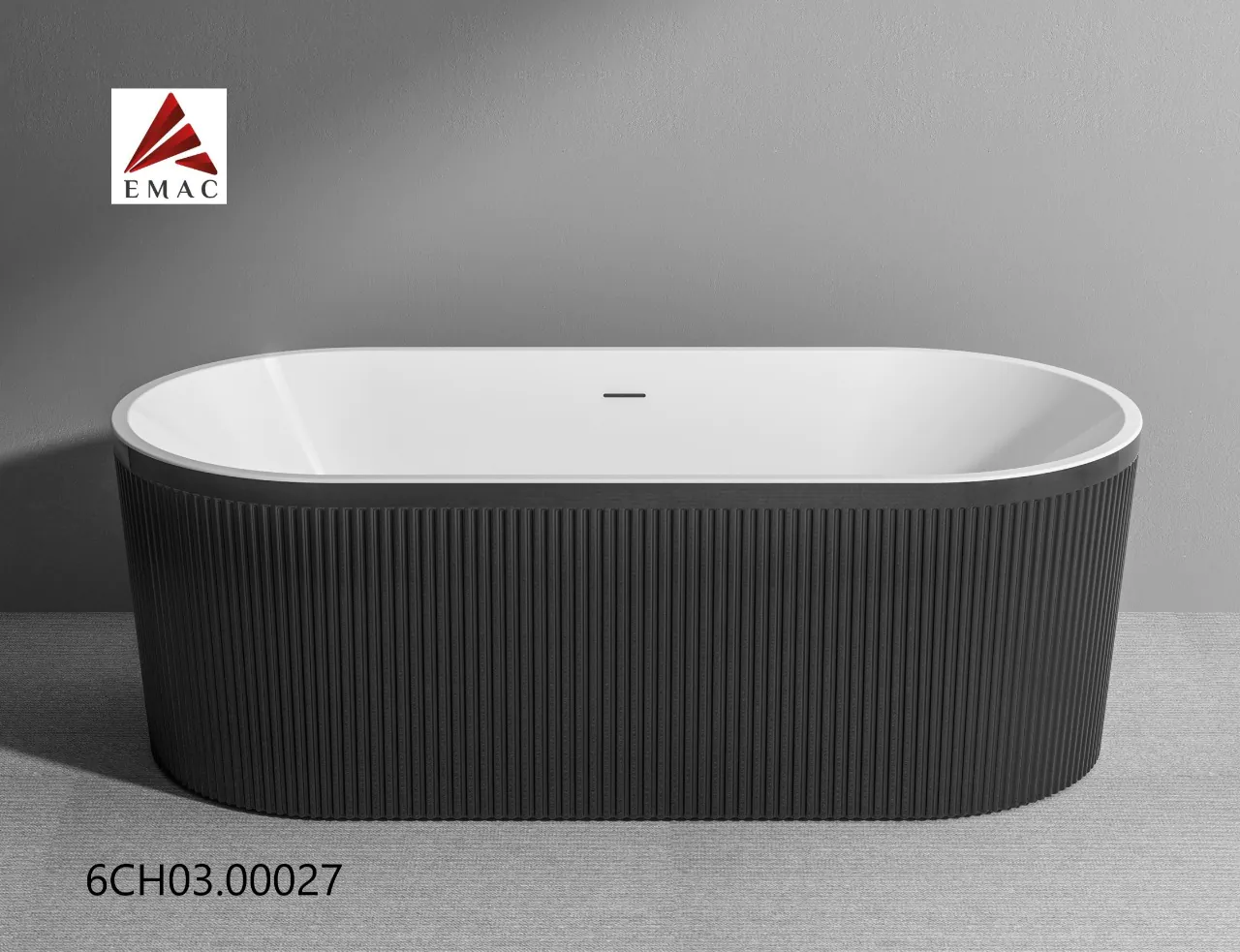 6CH03.00027 black بانيو حر موديل MV020D من ايمـاك، خامات اكريليك وألياف زجاجية، مقاس 150×75 سم، لون أسود، تصميم فاخر مع هراب تصريف، مناسب للحمامات العصرية.