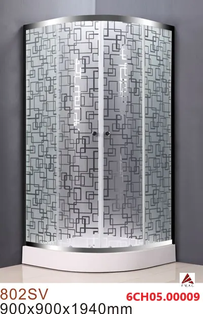 كابينة شاور زاوية صيني من إيمالك طراز S802ST بحجم 90x90، زجاج مثلج بنقوش هندسية، إطار كروم، مزودة بحوض وهراب، مثالية للحمامات الحديثة. اكتشف الأناقة والعملية.