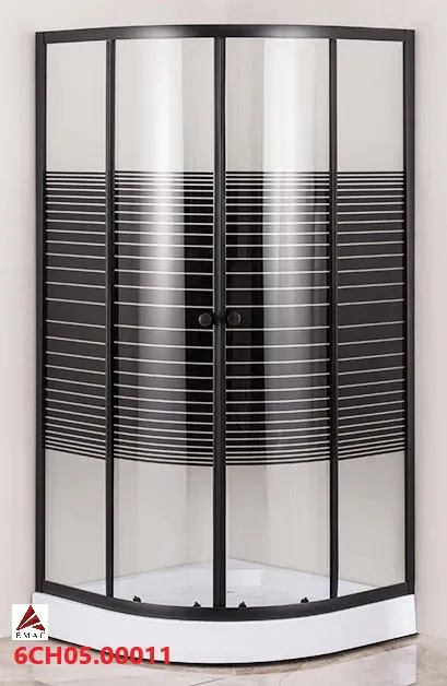 كابينة شاور صيني زاوية 90x90 بدون استيكرات، تصميم مخطط بزجاج جزئي الخصوصية، إطار أسود، مزودة بحوض ووهراب. مثالية للحمامات العصرية والأنيقة