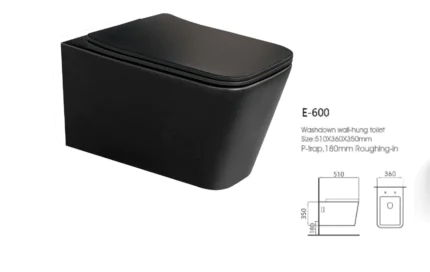 كرسي حمام معلق صيني موديل 0600 بلون أسود مطفي فاخر، أبعاد 510x360x350 مم، تأسيس 18 سم. تصميم عصري أنيق وجودة تصنيع عالية. مثالي للحمامات العصرية بمظهر فخم وسهل التنظيف.