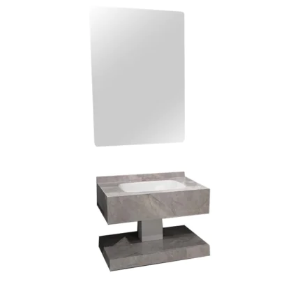 مغسلة دولاب صيني بورسلين رخامي بحجم 80 سم، لون رصاصي فاتح، تصميم عصري متين، تشمل مرآة أنيقة، مثالية للحمامات الحديثة والمنازل الفاخرة.