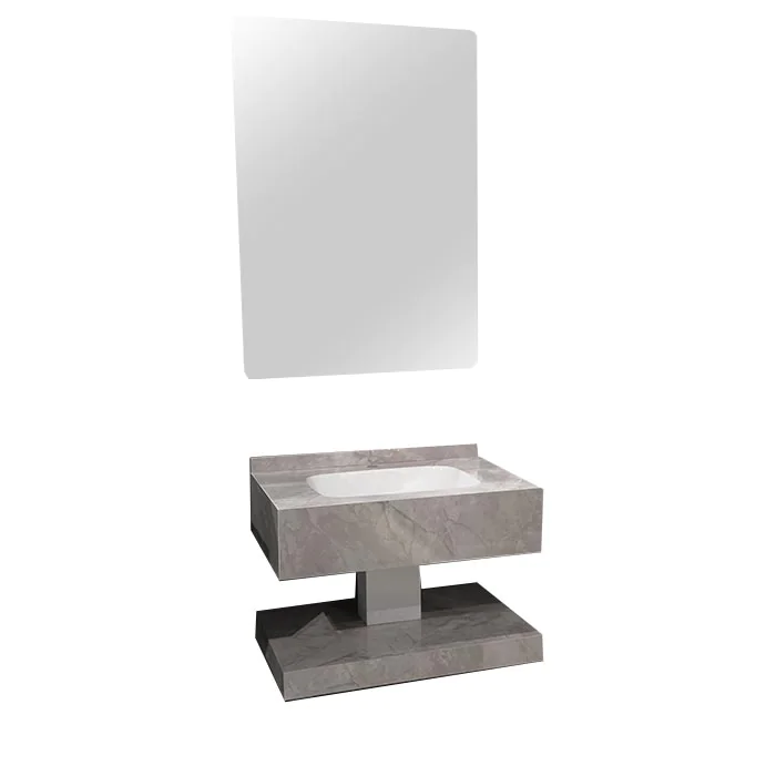 مغسلة دولاب صيني بورسلين رخامي بحجم 80 سم، لون رصاصي فاتح، تصميم عصري متين، تشمل مرآة أنيقة، مثالية للحمامات الحديثة والمنازل الفاخرة.