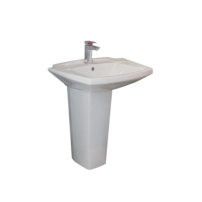 مغسلة ميلينيوم برتغالية باللون الأبيض مع عامود سفلي، تصميم عملي ومتين يناسب الحمامات السكنية والتجارية. جودة عالية وصناعة برتغالية ممتازة.