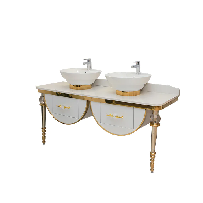 مغسلة حمام صيني موديل A8161 بحوضين دائريين ودولاب خشبي بلمسات ذهبية أنيقة. تصميم فاخر وجودة عالية، مناسبة للحمامات الراقية والفنادق.