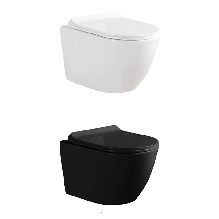 كرسي معلق إيمالك دائري بتصريف جداري تأسيس 18 سم، تصميم أنيق بلون أسود، سهل التركيب والتنظيف، بجودة تصنيع عالية ومناسب للحمامات العصرية.