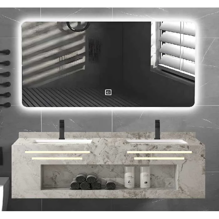 مغسلة بحوضين، 120 سم، تصميم رخامي، إضاءة LED في الدرج والمرايا، مثالية للحمامات الحديثة والفاخرة.