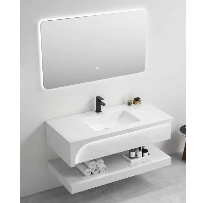 مغسلة حمام أنيقة وعصرية مصنوعة من البورسلين الرخامي عالي الجودة. تتميز بتصميم عصري باللون الأبيض مع حوض إيماك ومرآة بإضاءة LED. مناسبة لمختلف أحجام الحمامات وتوفر مساحة تخزين عملية. مستوردة من الصين.