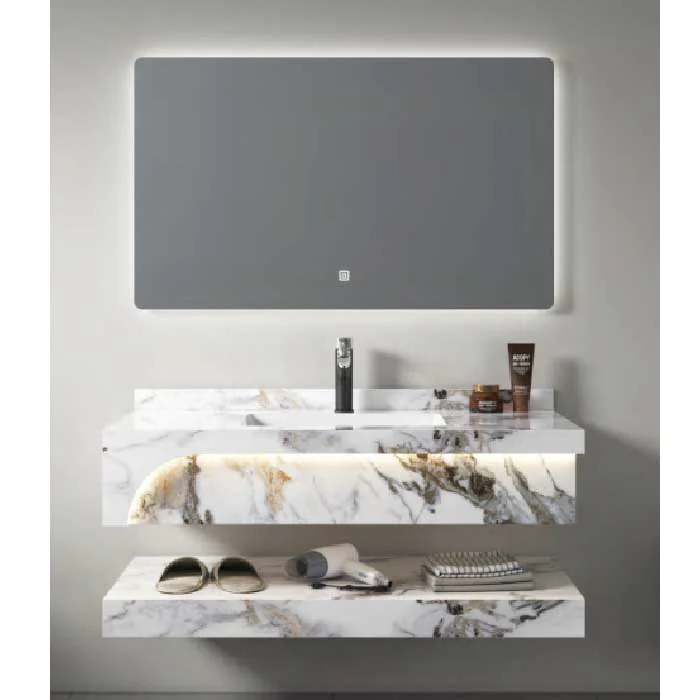 مغسلة بحوض واحد، مقاس 60 سم، تصميم رخامي أبيض مع إضاءة LED في الدرج الأمامي، مراية حديثة بإضاءة مدمجة، لمسة أنيقة للحمامات العصرية.