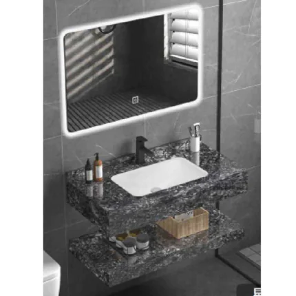 مغسلة حمام بورسلين بتصميم رخامي أبيض أنيق، بحوض إيمـاك ومرآة LED. مقاس 80 سم، جودة عالية لمتانة وسهولة تنظيف، تناسب الحمامات الفاخرة. صنعت في الصين.