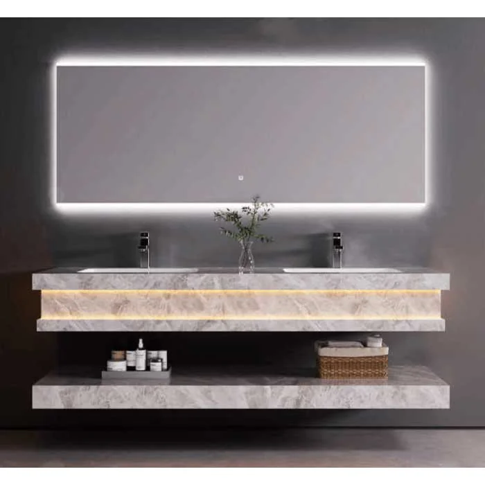 مغسلة بحوضين بورسلين رخامي مقاس 120 سم، تصميم فاخر مع مراية LED، مثالية للحمامات الحديثة، مع أرفف تخزين أنيقة.