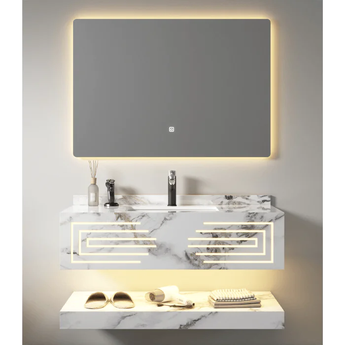 product_image_6755a0df679e0.png مغسلة بحوض واحد، مقاس 80 سم، تصميم رخامي أبيض مع إضاءة LED في الدرج الأمامي والمراية، لمسة أنيقة للحمامات الفاخرة.